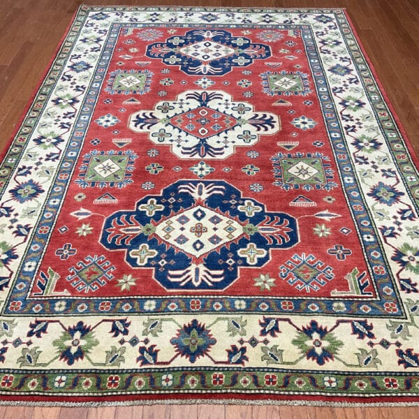 Afghan Hand-Knotted Vegetable Dye Kazak Wool Rug (6'3 x 9'5)